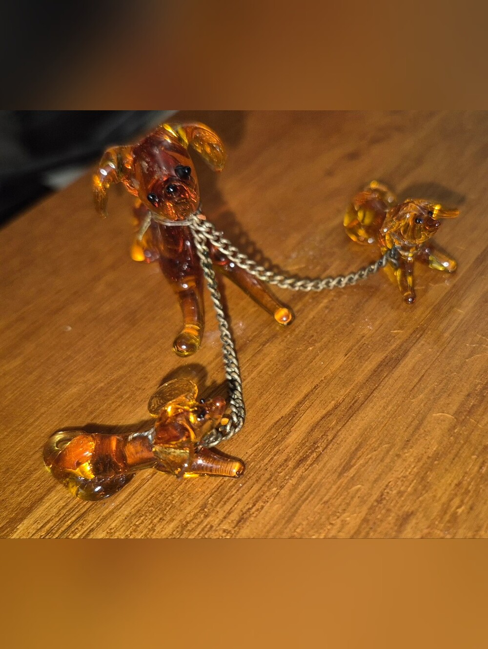 Vintage Amber Art Glass Dachshund Dog Family Chained Puppies Lampwork Miniature
